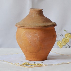 Wabi sabi pottery indoor planter with cover. Old terracotta clay pot. Antique terracotta vessel.
