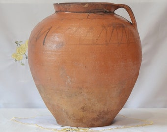 Large Brown primitive clay vessel. Wabi sabi pottery vase. Antique black ceramic pot.