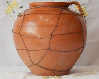 Large Brown primitive clay vessel. Wabi sabi pottery vase. Antique Brown ceramic pot.