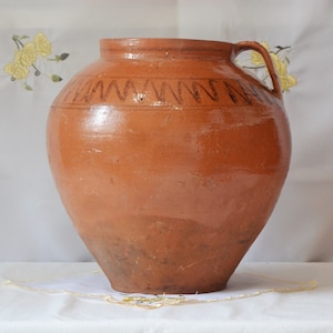 Large terracotta outdoor planter. Wabi sabi pottery clay vase. Rustic farmhouse primitive vessel.
