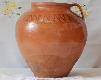 Large terracotta outdoor planter. Wabi sabi pottery clay vase. Rustic farmhouse primitive vessel.