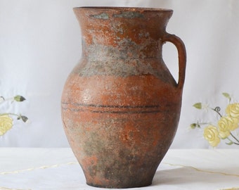 Vintage orange clay pot, Old clay vase, Wabi Sabi pottery, Rustic vase, Vintage orange clay vase, Primitive clay pot, Antique vessel