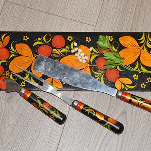 Vintage Ukrainian Set: cutting board, bottle opener, cookie spatula and fork / rustic decor / kitchen decor