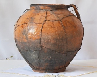 Large Vintage Braun Clay Pot, Wabi Sabi Rustic Decor