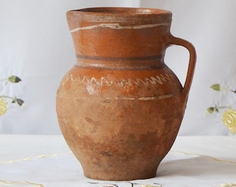 Rustic terracotta vase. Antique clay primitive vessel. Wabi sabi pottery indoor planter.