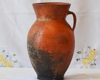 Rustic terracotta vase. Antique clay primitive vessel. Wabi sabi pottery indoor planter.