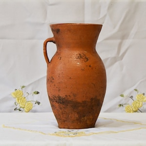 Tall antique pitcher. Wabi sabi pottery primitive vessel. Terracotta plant pot for rustic country decor.