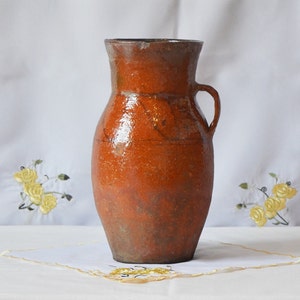 Wabi sabi pottery antique pitcher. Antique terracotta plant pot. Brown primitive clay vessel.