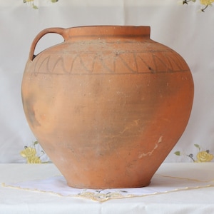 Large terracotta outdoor planter. Wabi sabi pottery clay vase. Rustic farmhouse primitive vessel.