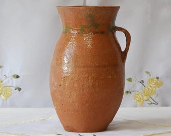 Rustic terracotta vase. Antique clay primitive vessel. Wabi sabi pottery indoor planter.