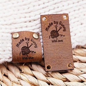 Rivets Labels For Knitting and Crochet, Custom Your Logo Tags,Personalized Sewing Labels,Brown Leather Tags With Rivets,Hand Made With Love