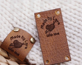 Handmade with Love Leather Tags, Personalized Knits and Crochet Labels, Custom Rivet Tags For Knitted Hat, Sewing and Knitting Tags, Gift