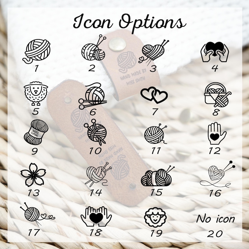 Op de afbeelding: Een grafiek met 20 verschillende icoonopties voor een breiproject. De iconen omvatten een bol garen, een paar breinaalden, een hart, een schaap, een mand, een bloem en een hand die een hart vasthoudt. De tekst "Hand Made By Miss Smith" is zichtbaar op de grafiek.