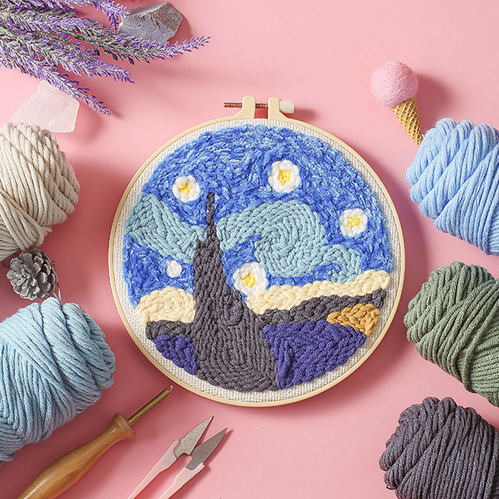 Van Gogh Starry Punch Needle Kits With Yarn DIY Beginners Etsy