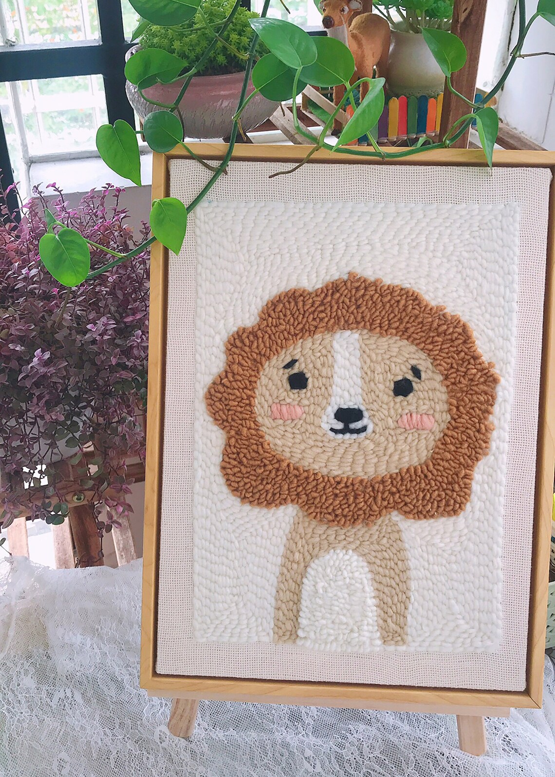 Little lion punch needle kits with frame DIY embroidery kit Etsy