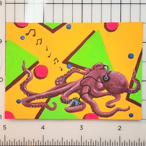 ACEO Carta originale dipinta a mano, acrilico "Walk-topus" polpo retrò con walkman