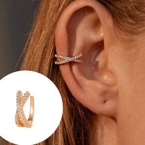 Sterling Silver Criss Cross Ear Cuff For Women - Charming Zircon Clip On Earrings in Silver, Black, Gold and Rose Gold -  Fake Piercing