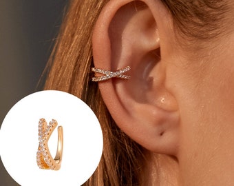 Sterling Silver Criss Cross Ear Cuff For Women - Charming Zircon Clip On Earrings in Silver, Black, Gold and Rose Gold -  Fake Piercing