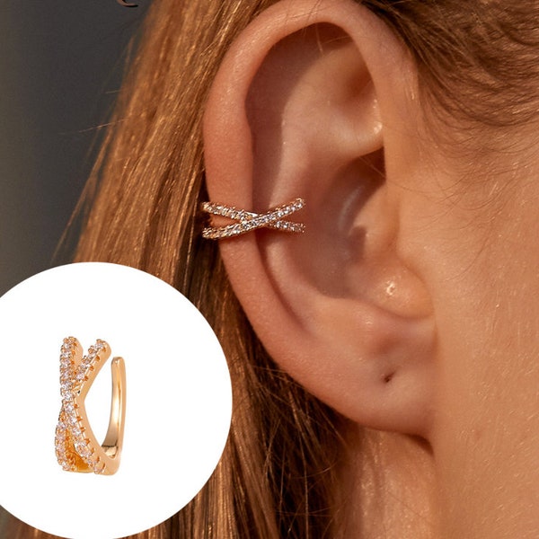 Sterling Silver Criss Cross Ear Cuff For Women - Charming Zircon Clip On Earrings in Silver, Black, Gold and Rose Gold -  Fake Piercing