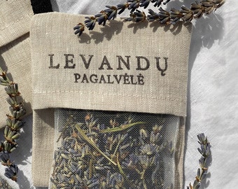 Lavender cushion. Natural product. Handmade. Interior detail. Aromatic. Lavandula angustifolia.