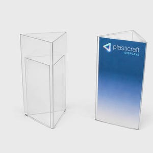 May include: Two clear, triangular display cases. One is empty, the other has a blue and white gradient background with the text "plasticraft DISPLAYS" and a logo. The cases are made of transparent acrylic.