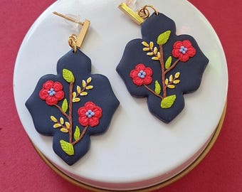 Handmade Floral Polymer Clay Dangle Earrings, Boho Flower Statement Earrings, Lightweight Artistic Jewelry