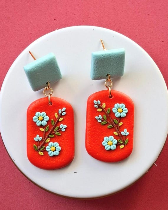 Floral Polymer Clay Earrings, Handmade Orange Flower Dangle Earrings, Minimal Botanical Jewelry, Boho Jewelry