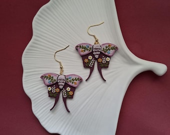 Embroidered Style Long Tail Moth Earrings,Micro Sculpted Floral Jewelry