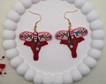 Floral Moth Dangle Earrings, Polymer Clay Dangles