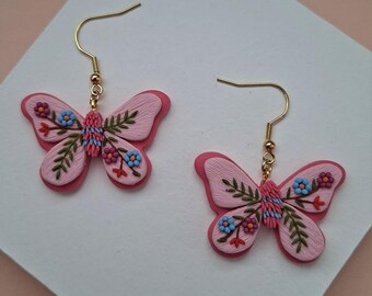Embroidered Pink Butterfly Earrings- Nature Inspired Polymer Clay Floral Jewelry