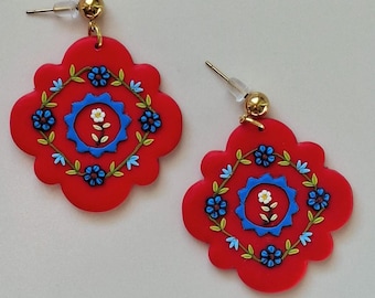 Colorful Boho Jewelry, Handmade Floral Polymer Clay Statement Earrings, Folk Art Dangle Earrings
