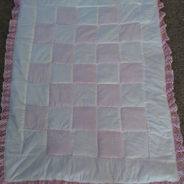 Pink & white seersucker baby quilt handmade Pinklady Cottage Etsy