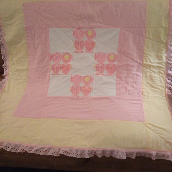 Pink yellow hearts  baby quilt handmade Pinklady Cottage Etsy