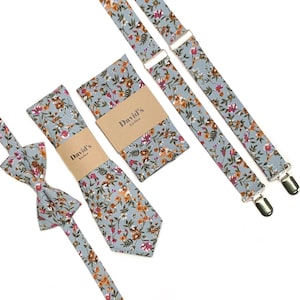 Dusty Blue Rustic Wild Flowers Floral Necktie , Blue Floral Tie , Rustic Wedding Necktie,  Suspenders, Pocket Square, Groomsmen Ties