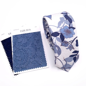 White Navy & Blue Floral Tie , Marine Necktie , Bow tie , Kids Bow tie , TIE 2.36 3 inches