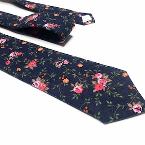 Dark Blue Floral Tie linen Navy floral Marine floral Men Floral Necktie Davids Bridal Groom tie Groomsmen Tie Skinny 2.36 Regular 3 inches