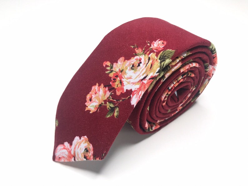 Burgundy Floral Skinny Tie Maroon Wedding Floral Necktie - Etsy
