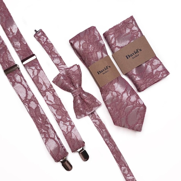 CHIANTI Lace Tie , Dusty Rose Floral Wedding NeckTie , Groom Tie , Suspenders, Pocket Square , Bow tie , Necktie 2.35  3 inches 3.26