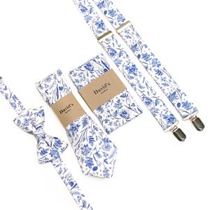 Dusty Blue Wild Flower Floral Necktie, White and Blue Floral Tie, Rustic Wedding Ties, Groomsmen Ties, Pocket Square Bow Tie, Suspenders