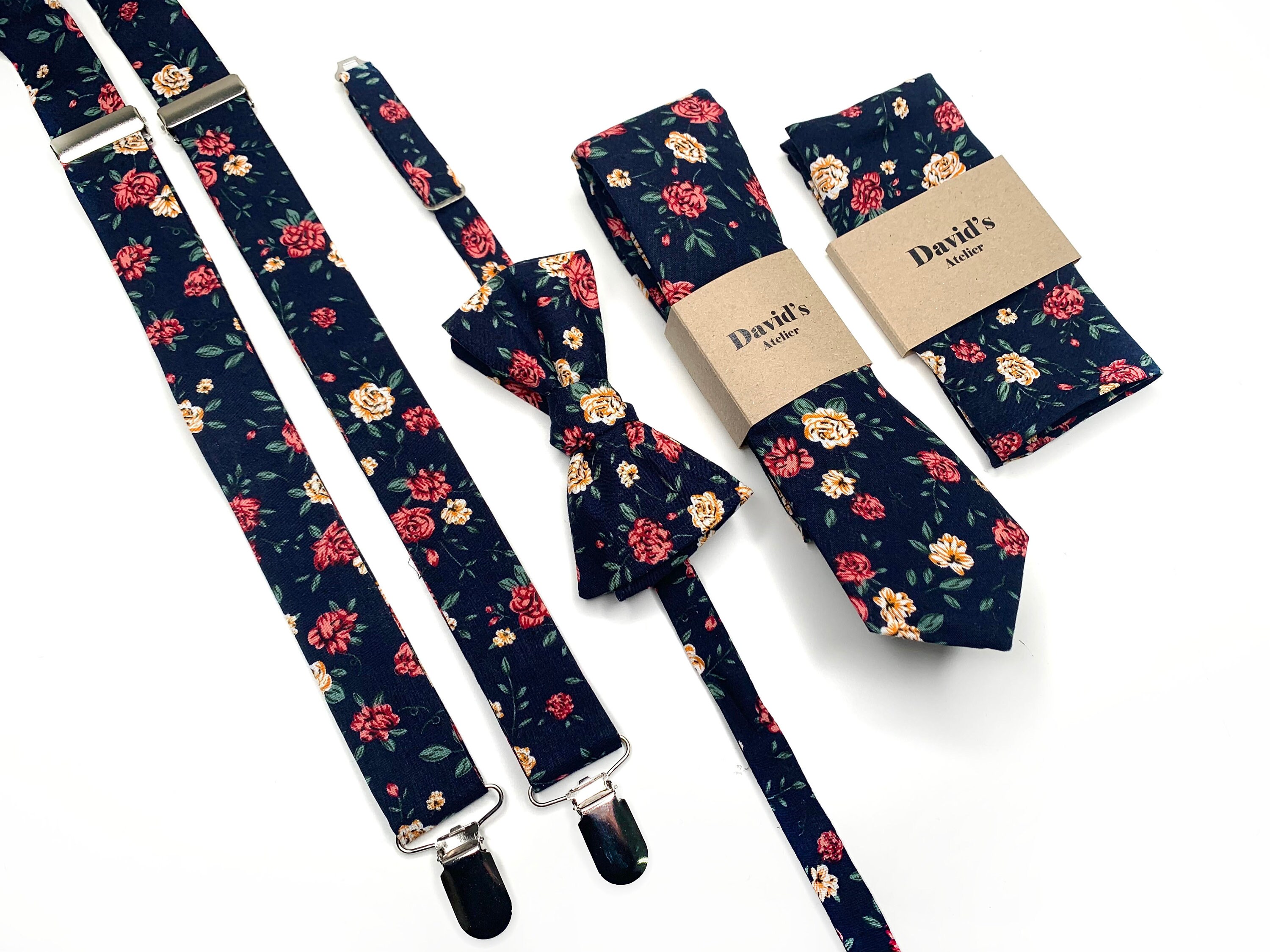 Navy Floral Suspenders Rose floral Marine Necktie Bow tie Etsy