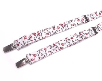 White Floral suspenders ,Red flowers Mens Necktie , Bow tie , Kids Bow tie , TIE 2.36 3 inches