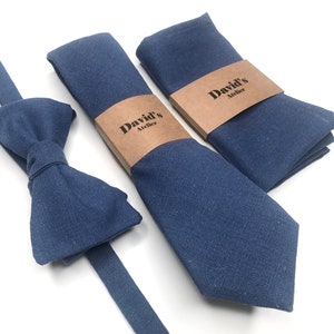 Navy Blue Linen NeckTie , Solid Blue Necktie davids bridal tie , Solid Linen Necktie , Skinny tie , Pocket Square , Bow tie , Kids Bow tie