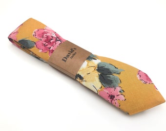 Mustard Floral Tie , Goldenrod Necktie , Pink Flowers davids bridal tie , Necktie , Skinny tie , Pocket Square , Bow tie , Kids Bow tie