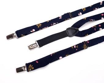 Dark Navy Floral Suspenders , Dark blue Mens Necktie , Bow tie , Kids Bow tie , TIE 2.36 3 inches