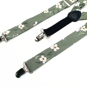 Dusty Sage floral Suspenders , Sage Green floral Necktie , Bow tie , Pocket Square