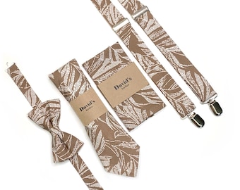 Tropical Hawaiian Necktie , Gold and White , Tan Floral Tropical Tie, Men's Palm Leaf Necktie , Hawaiian Wedding , Groomsmen Ties