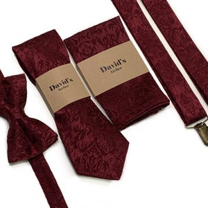 Vinröd jacquardslips , mörkvinröd bröllopsslips , rödbrun brudgumsslips , hängslen, näsduk, slips 2.35 3 " 3.26 + Personalisering
