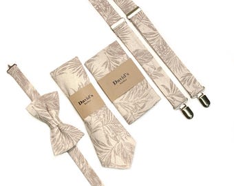 Biscotti Tropical Hawaii Necktie , Tan Tropical Floral Tie, Ivory Cream Necktie, Men's Palm Leaf Necktie , Hawaiian Wedding , Groomsmen Ties