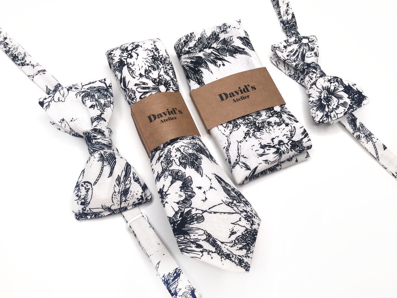 White Floral Tie With Black Flowers , Skinny Necktie 
