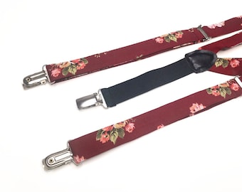 Burgundy floral SUSPENDERS Wedding , Tie , Bow tie , Pocket squares